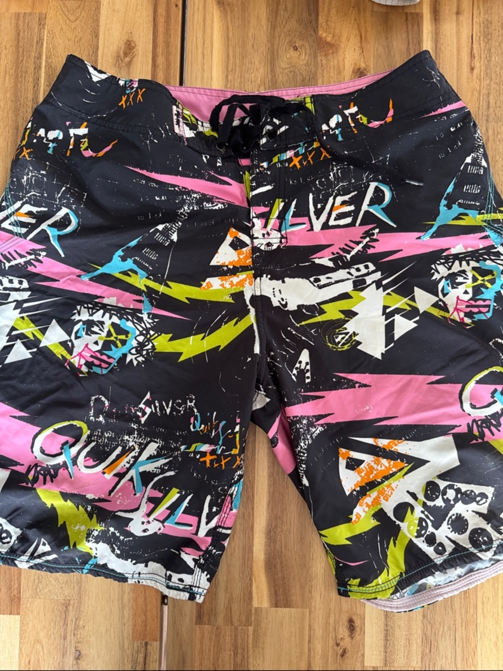 Quiksilver Black Boardshorts with Pink, Lime & Teal Graphics